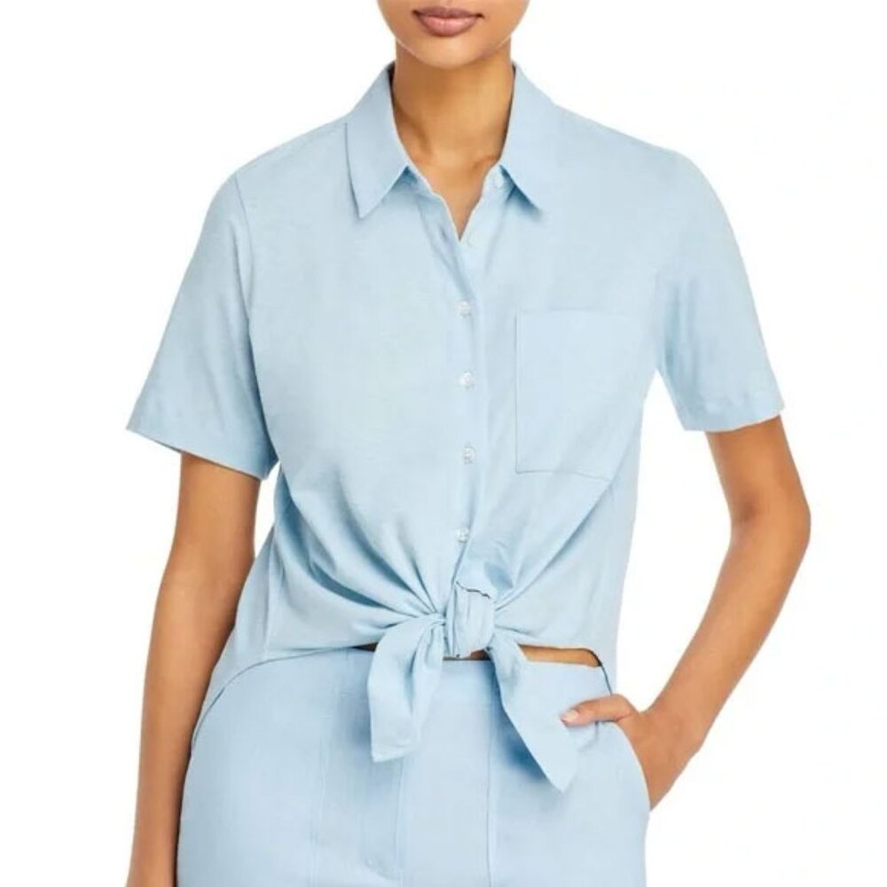 Theory Hekanina Tie Front Button Down Shirt S Light Aqua Blue